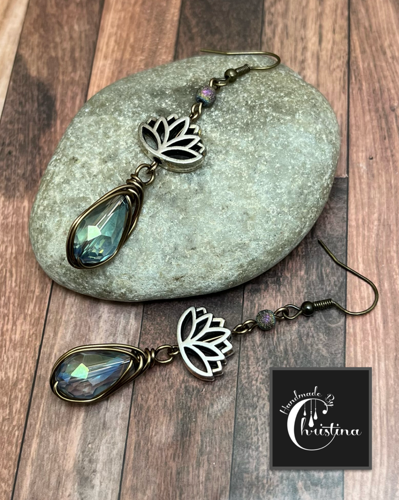 Herringbone Wire Wrapped Lotus Flower Druzy Agate Dangling Earrings