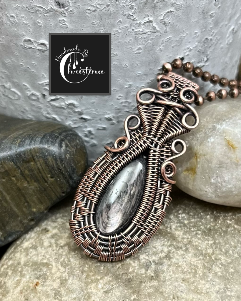 Oxidized Copper Wire Woven Gold Sheen Obsidian Pendant - Handmade By Christina