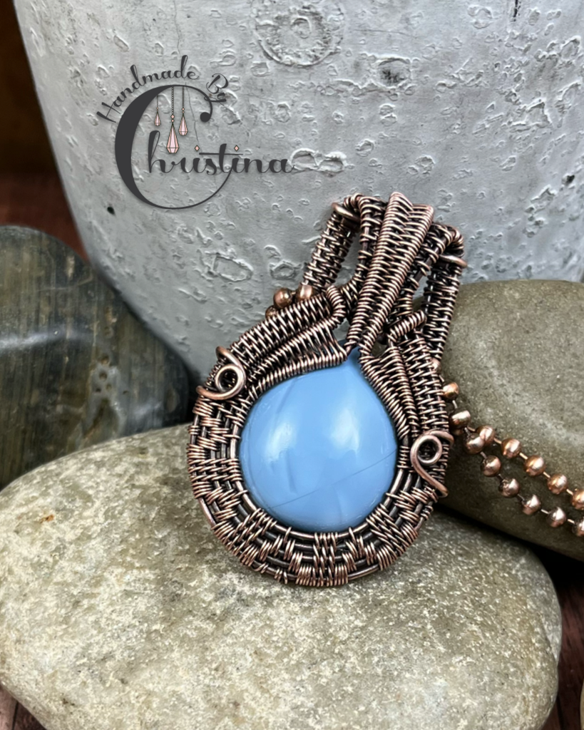 Oxidized Copper Wire Woven Owyhee Blue Opal Pendant necklace