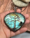 Oxidized Copper Wire Woven Labradorite Tree Of Life Statement Pendant necklace