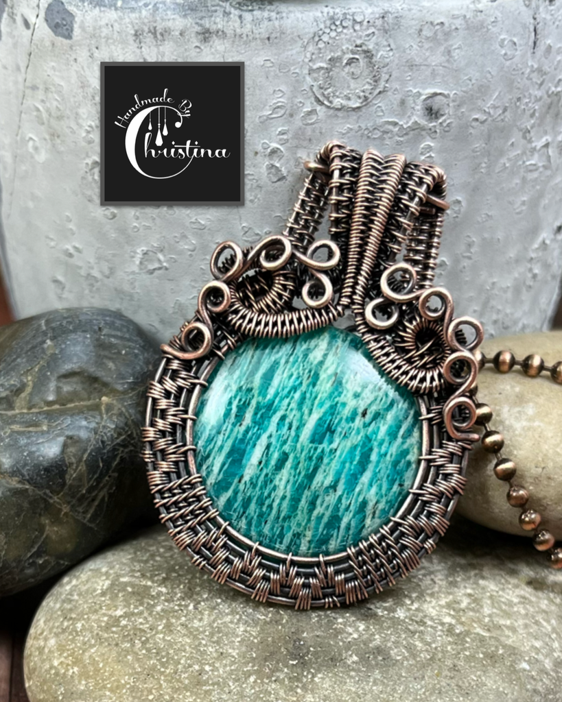 Oxidized Copper Wire Woven Amazonite Pendant - Handmade By Christina