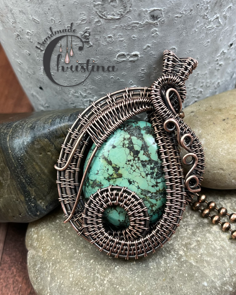 Oxidized Copper Wire Woven Turquoise Pendant Necklace