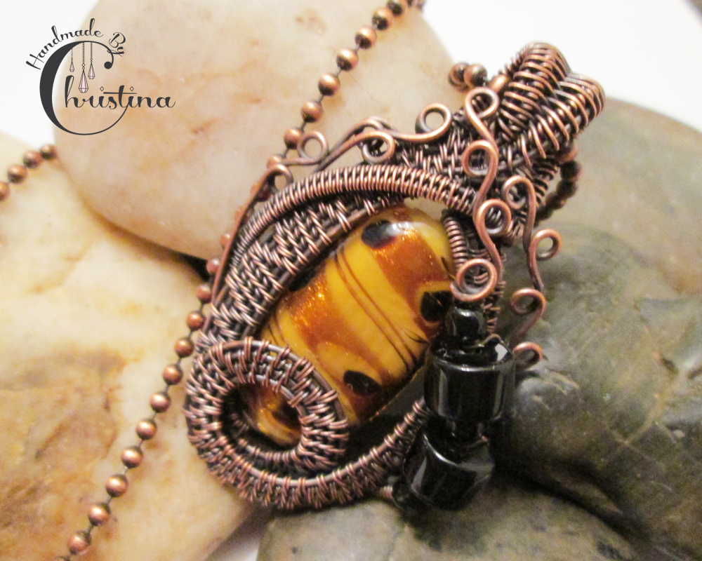 Oxidized Copper Wire Woven & Lampwork Glass Pendant