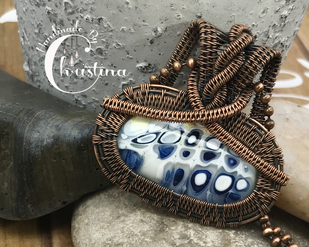 Oxidized Copper Wire Woven Blue Fused Glass Pendant