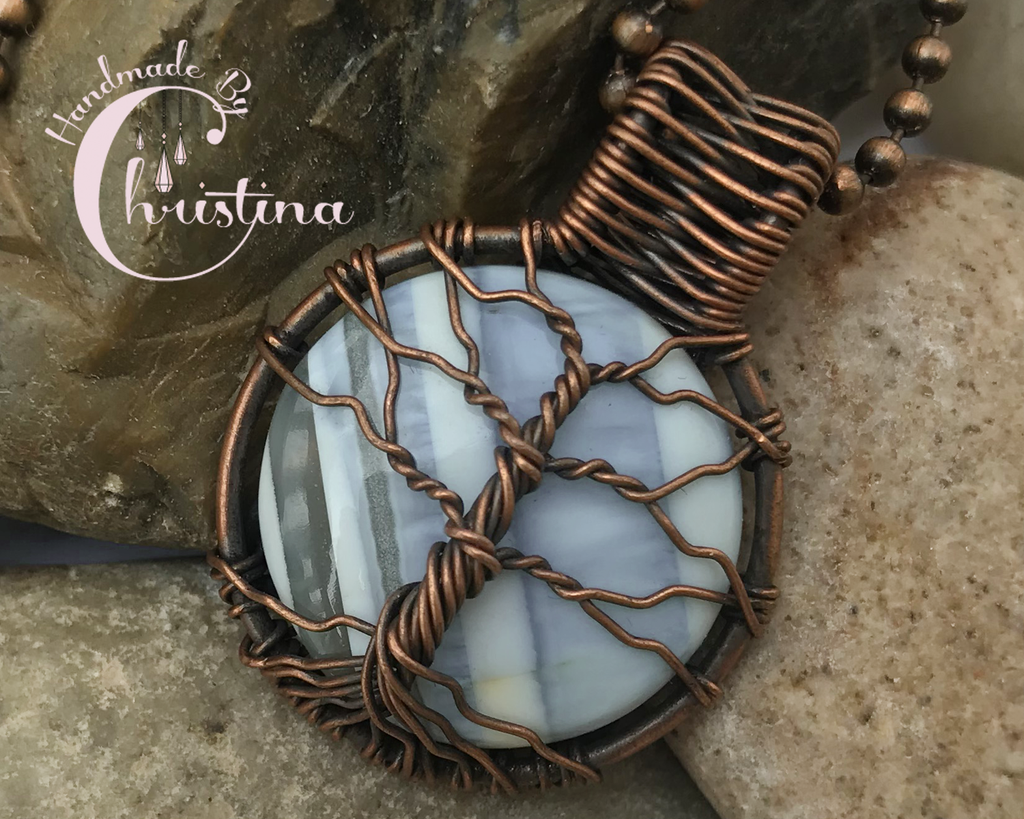 Oxidized Copper Wire Woven & Blue Fused Glass Tree Of Life Pendant