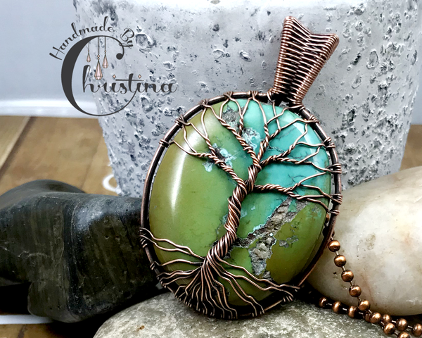Oxidized Copper Wire Woven Turquoise Tree Of Life Pendant Necklace
