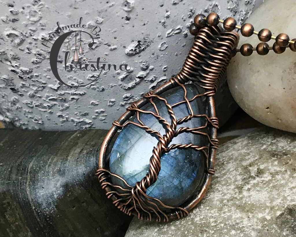 Handmade Oxidized Copper Wire Woven Blue Labradorite Tree Of Life Pendant Necklace