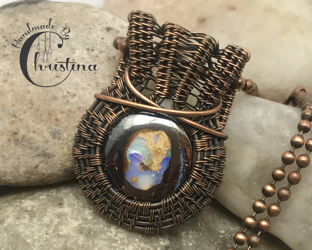 Handmade Oxidized Copper Wire Woven Boulder Opal Gemstone Pendant Necklace
