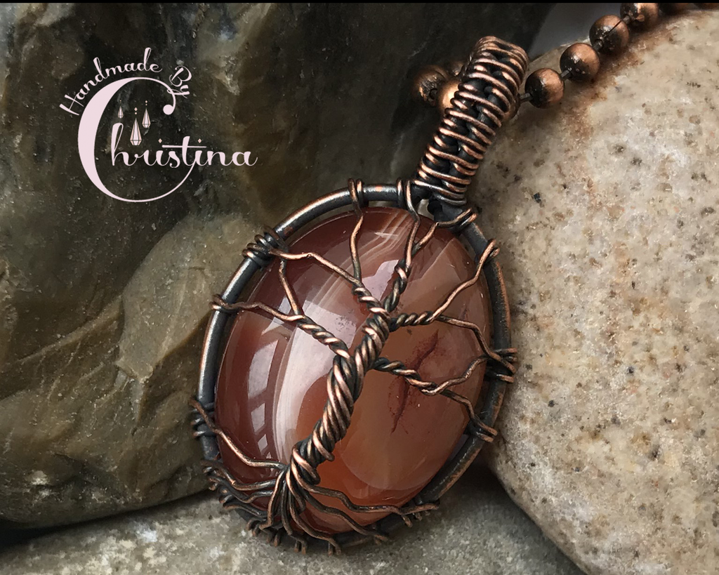 Artisan Oxidized Copper Wire Woven Carnelian Tree Of Life Mini Pendant