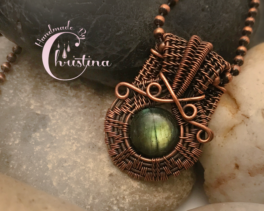 Oxidized Copper Wire Woven Green Labradorite Mini Pendant