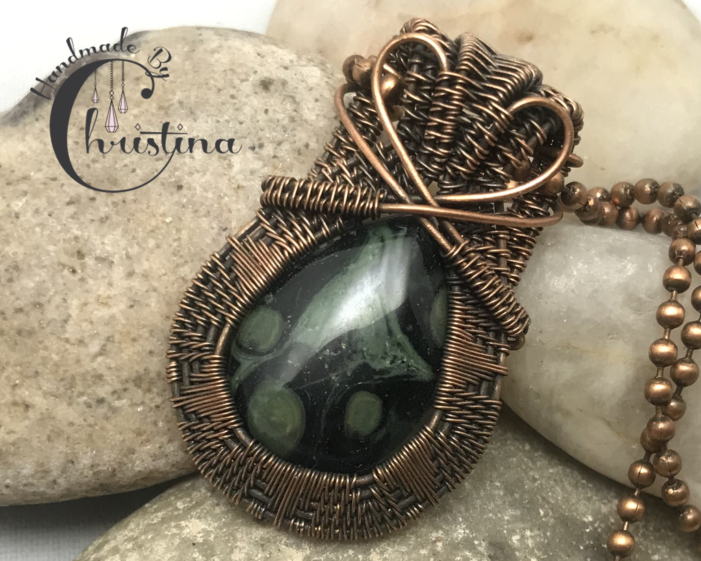 Handmade Oxidized Copper Wire Woven Kambaba Jasper Pendant Necklace