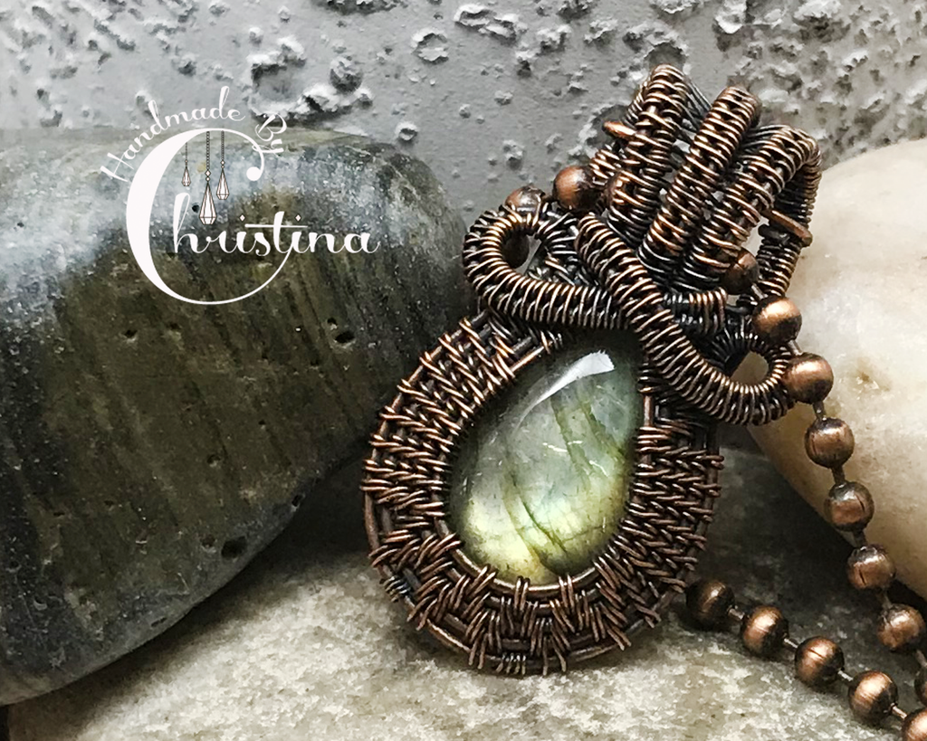 Oxidized Copper Wire Woven Golden Labradorite Mini Pendant