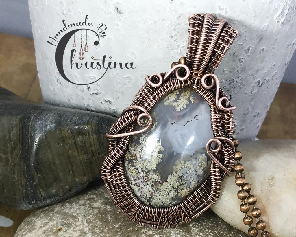 Handmade Oxidized Copper Wire Woven Criss Cross Moss Agate Pendant