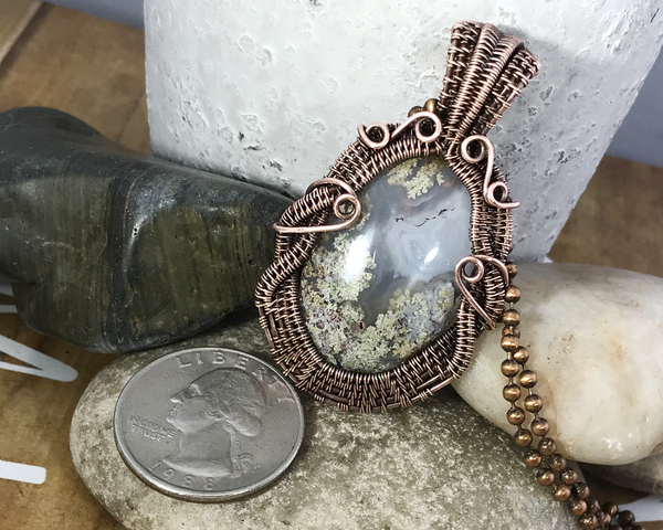 Handmade Oxidized Copper Wire Woven Criss Cross Moss Agate Pendant