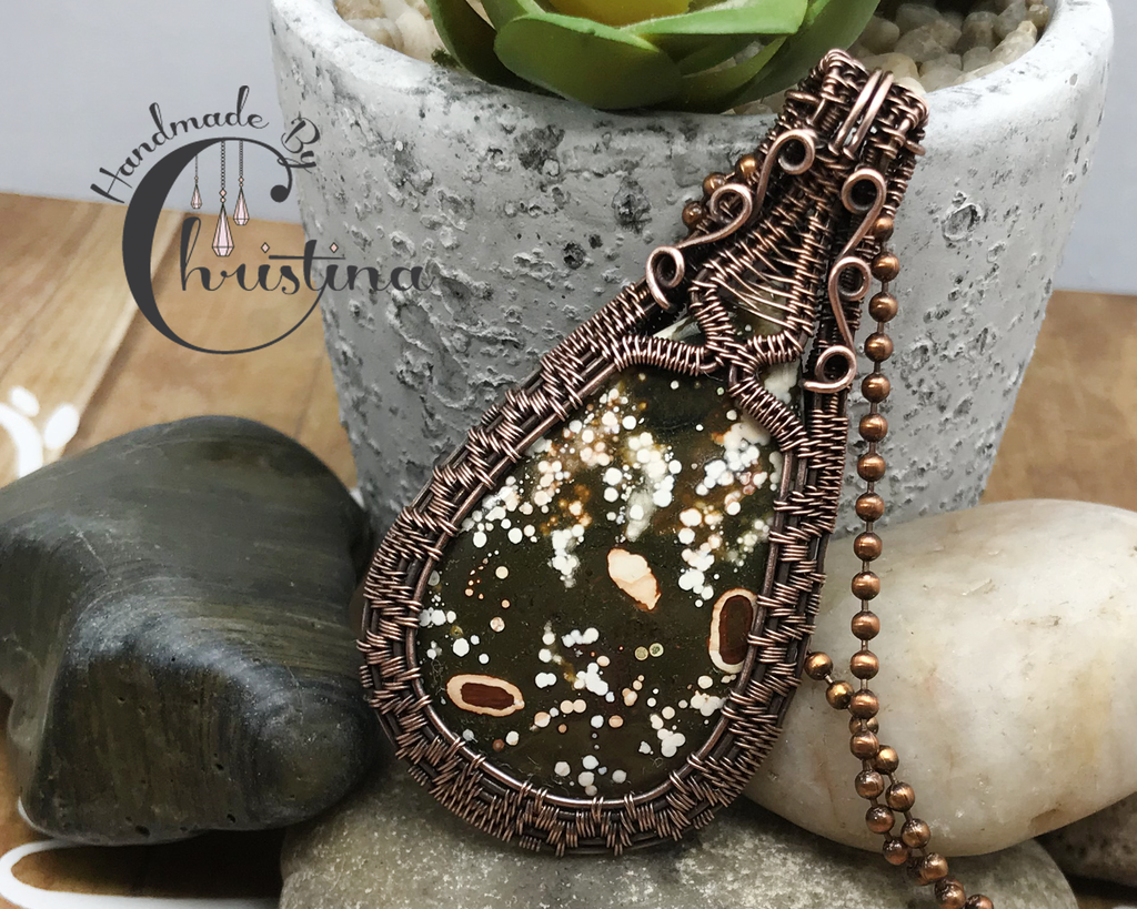 Handmade Artisan Oxidized Copper Wire Woven Ocean Jasper Pendant Necklace Jewelry