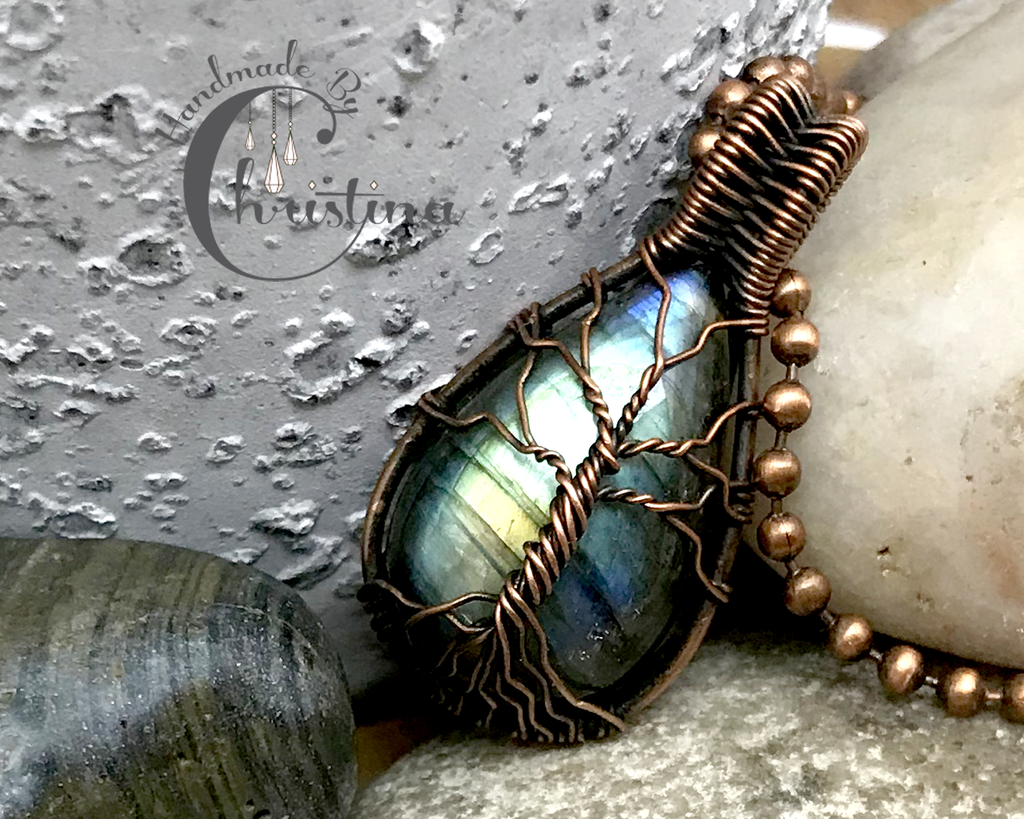 Handmade Oxidized Copper Wire Woven Rainbow Labradorite Tree Of Life Pendant Necklace