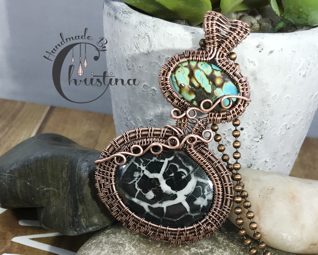 Handmade Oxidized Copper Wire Woven Septarian Gronates & Turquoise Pendant Jewelry Necklace