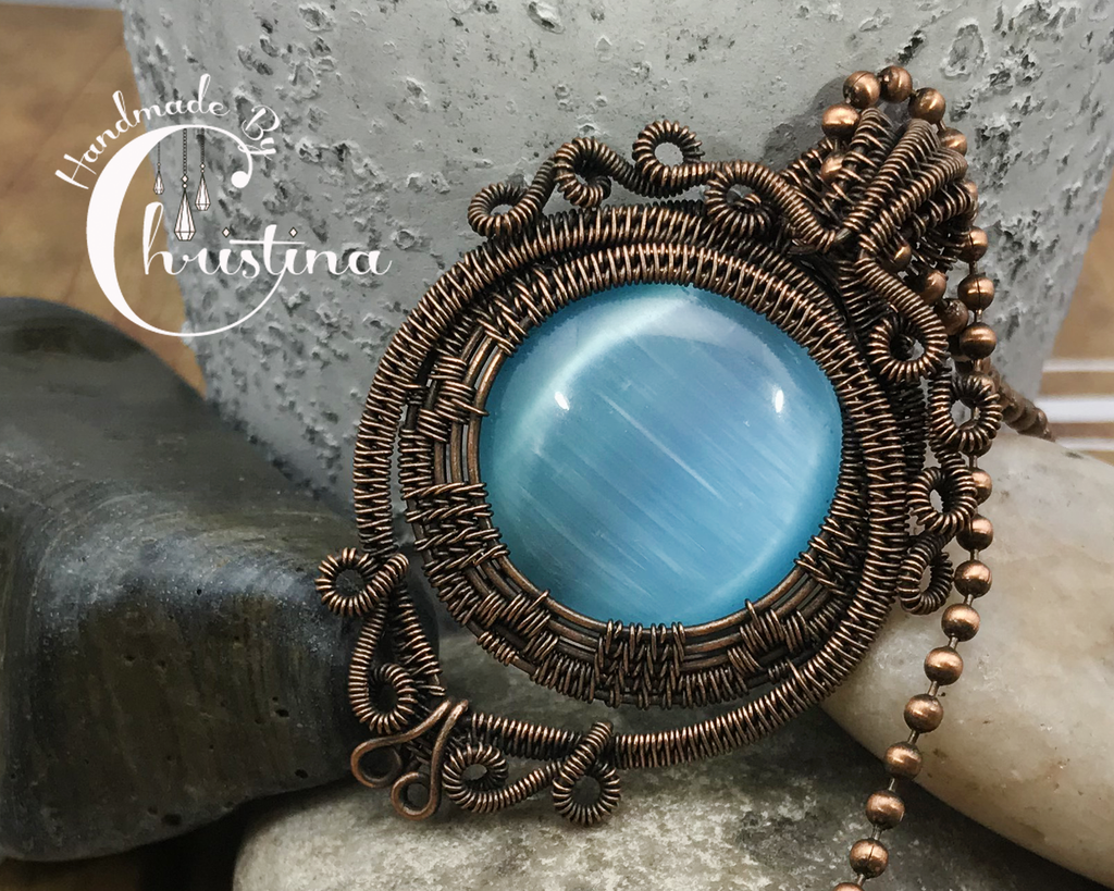 Handmade Oxidized Copper Wire Woven & Blue Fiber Optic Glass Pendant