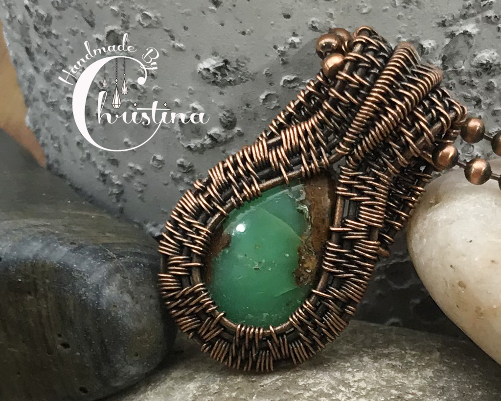 Handmade Oxidized Copper Wire Woven Bio Chrysoprase Pendant Necklace