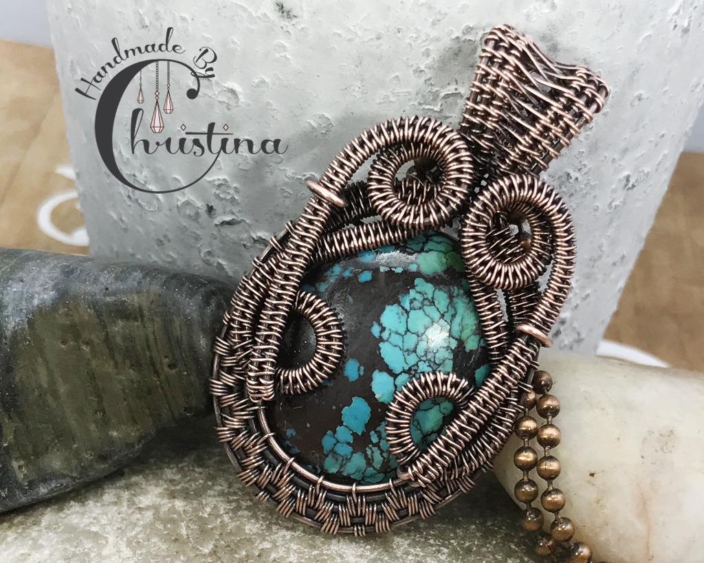 Handmade Oxidized Copper Wire Woven Turquoise Pendant Necklace Jewelry