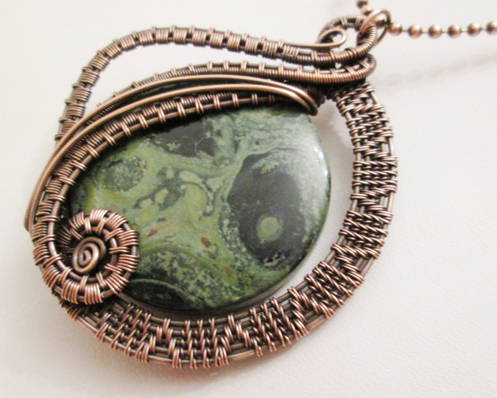 Handmade Wire Woven Oxidized Copper Kambaba Jasper Pendant Necklace