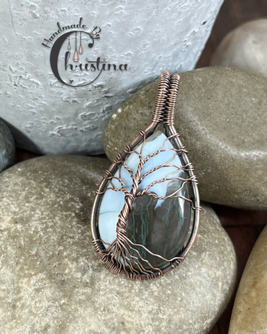 Oxidized Copper Wire Woven Blue Opal Tree Of Life Pendant