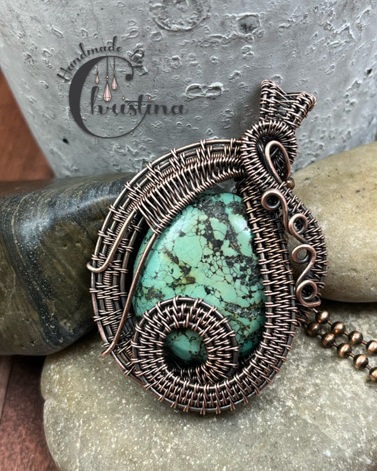 Handmade Oxidized Copper Wire Woven Turquoise Pendant Necklace – Handmade  By Christina