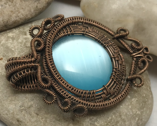 Handmade Oxidized Copper Wire Woven & Blue Fiber Optic Glass Pendant ...