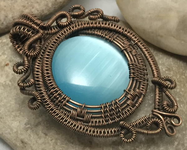 Handmade Oxidized Copper Wire Woven & Blue Fiber Optic Glass Pendant ...