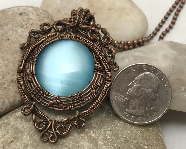 Handmade Oxidized Copper Wire Woven & Blue Fiber Optic Glass Pendant ...