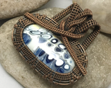 Oxidized Copper Wire Woven Blue Fused Glass Pendant