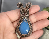 Handmade Oxidized Copper Wire Woven Blue Chalcedony Pendant Necklace Jewelry