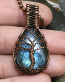 Handmade Oxidized Copper Wire Woven Blue Labradorite Tree Of Life Pendant Necklace