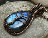 Handmade Oxidized Copper Wire Woven Blue Labradorite Tree Of Life Pendant Necklace