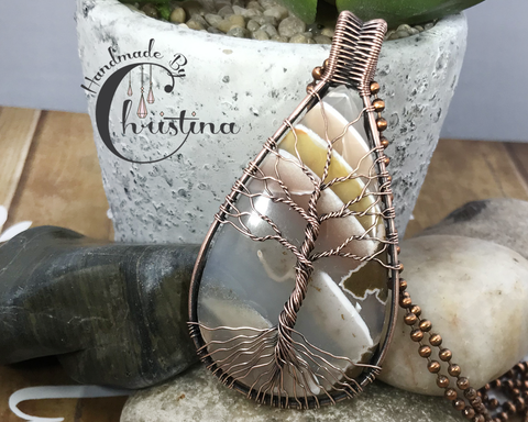 Oxidized Copper Wire Woven Priday Ranch Agate Tree Of Life Pendant