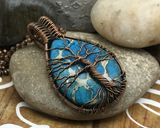Oxidized Copper Wire Woven Blue Impression Jasper Tree Of Life Pendant Necklace