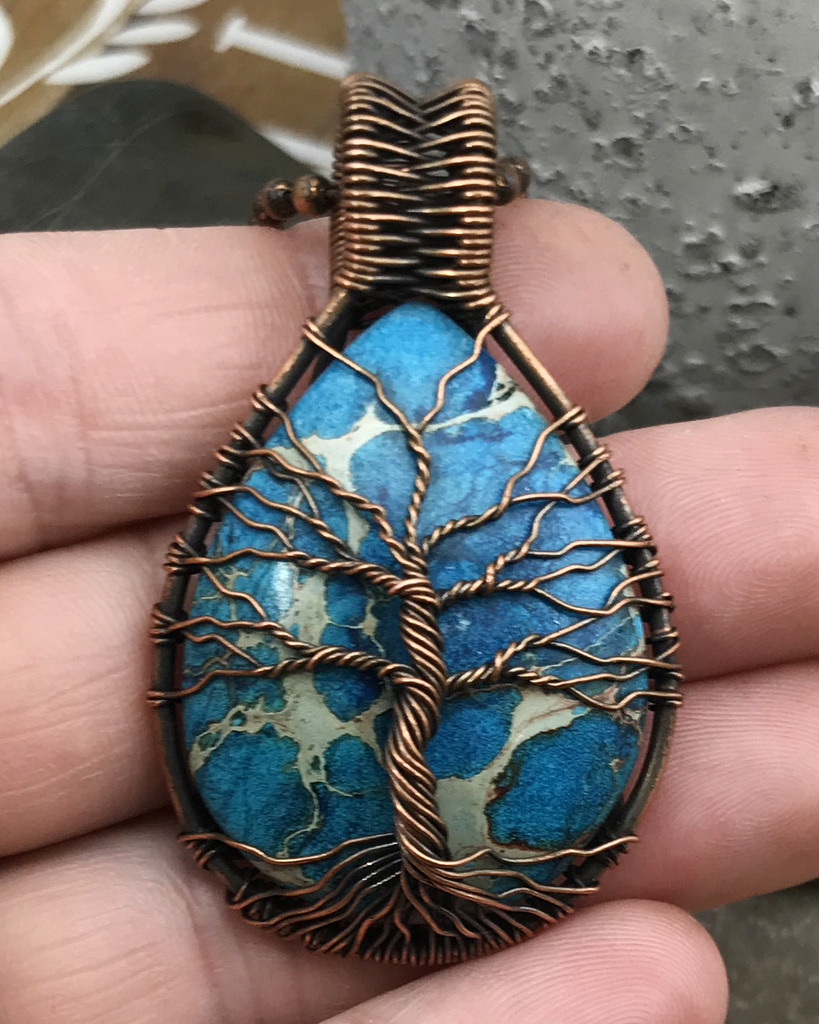 Oxidized Copper Wire Woven Blue Impression Jasper Tree Of Life