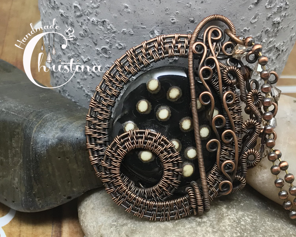 Handmade Oxidized Copper Wire Woven Black Spotted Ceramic Pendant