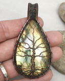 Oxidized Copper Wire Woven Teardrop Full Flash Labradorite Tree Of Life Pendant