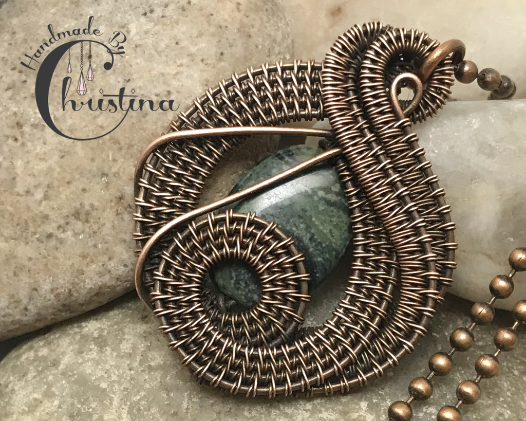 Handmade Oxidized Copper Wire Woven Kambaba Jasper Pendant Necklace