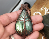 Oxidized Copper Wire Woven Teardrop Green Labradorite Tree Of Life Pendant