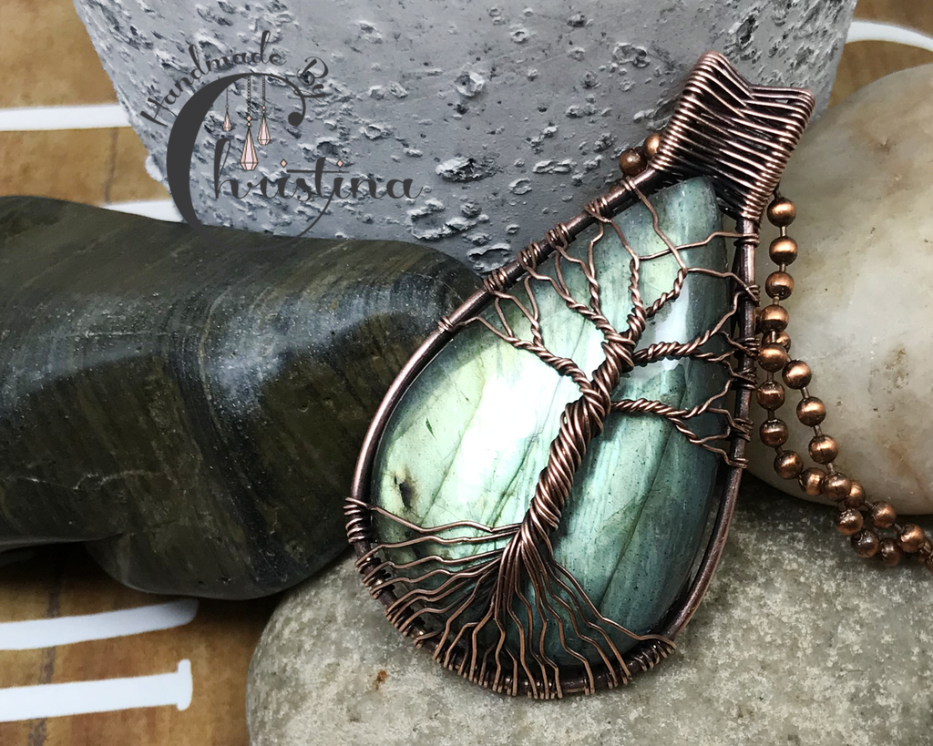 Oxidized Copper Wire Woven Teardrop Green Labradorite Tree Of Life Pendant
