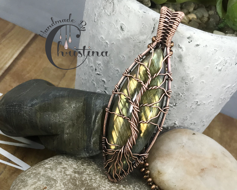 Oxidized Copper Wire Woven Marquis Labradorite Tree Of Life Pendant
