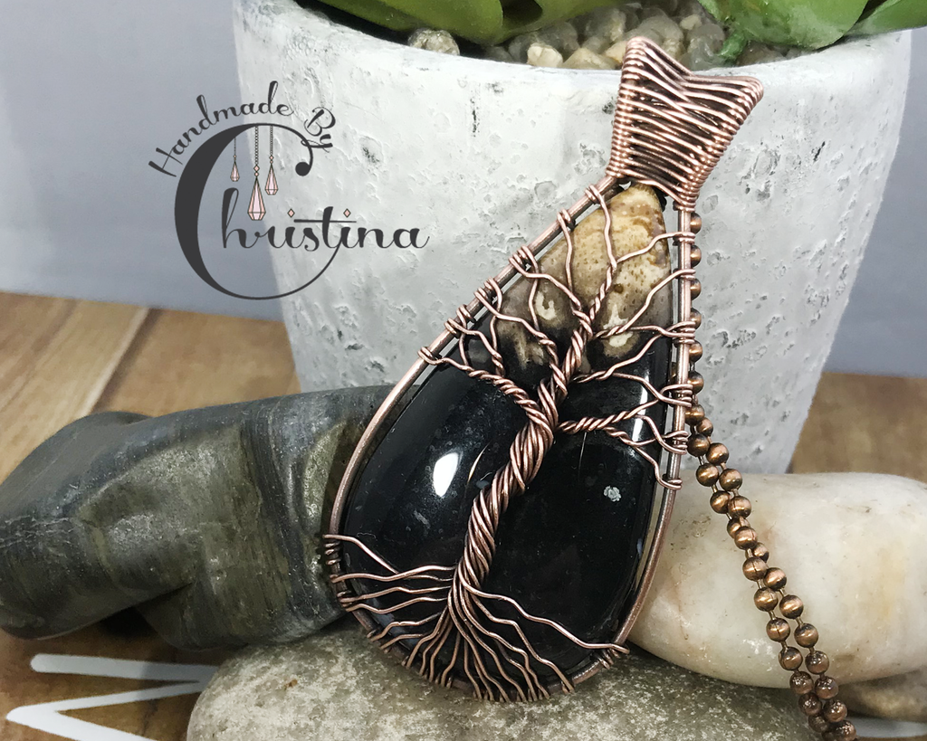 Artisan Oxidized Copper Wire Woven Palm Root Agate Tree Of Life Necklace Jewelry