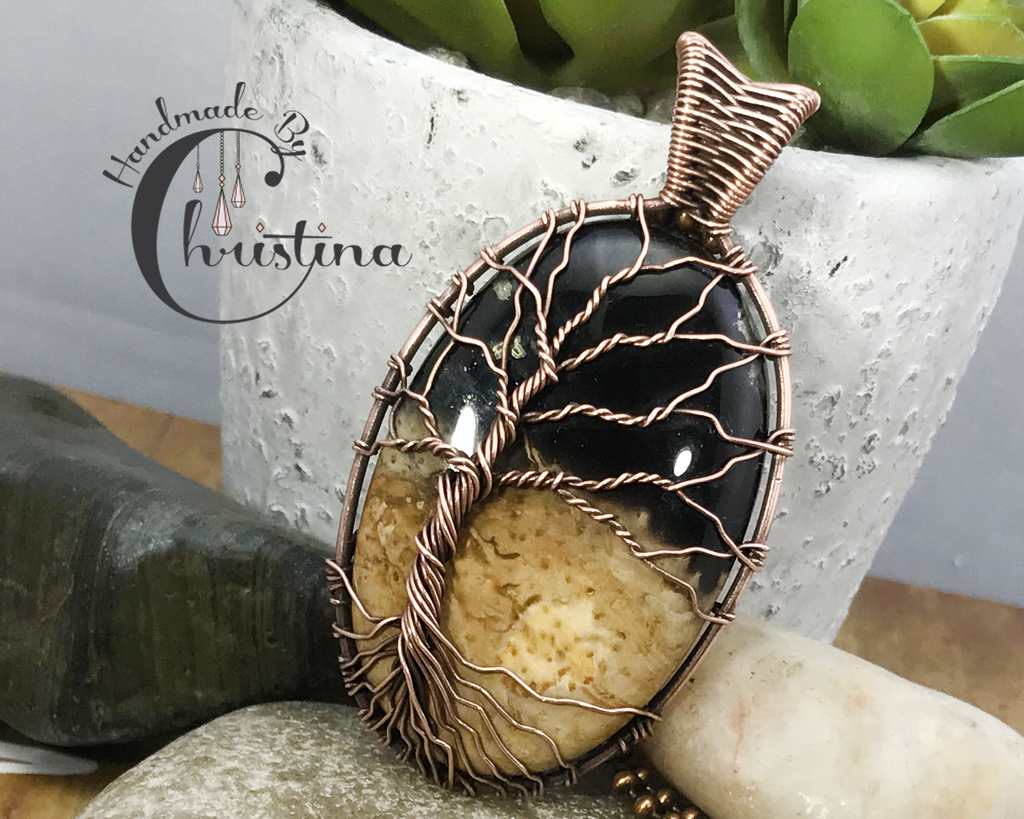 Handmade Artisan Oxidized Copper Wire Woven Palm Root Agate Tree Of Life Pendant Necklace Jewelry