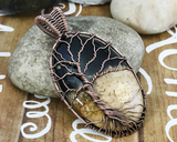 Handmade Artisan Oxidized Copper Wire Woven Palm Root Agate Tree Of Life Pendant Necklace Jewelry