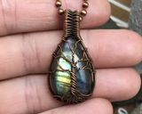 Handmade Oxidized Copper Wire Woven Rainbow Labradorite Tree Of Life Pendant Necklace