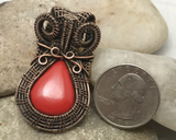 Handmade Oxidized Copper Wire Woven Red Coral Gemstone Pendant Necklace
