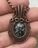 Handmade Oxidized Copper Wire Woven & Snowflake Obsidian Mini Pendant