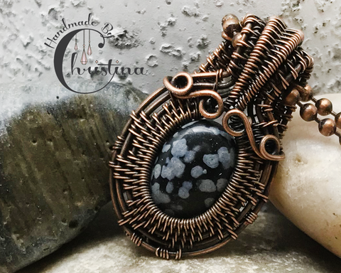 Oxidized Copper Wire Woven & Snowflake Obsidian Mini Pendant